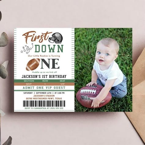 First Year Down Football 1st Birthday Photo Invitation One Year Old Birthday Party Football, 1st Year Down Football Birthday, 1st Down Birthday, First Down Birthday, Football Birthday Party Invitations, Football First Birthday, Football Theme Birthday, Baby First Birthday Themes, Boys First Birthday Party Ideas