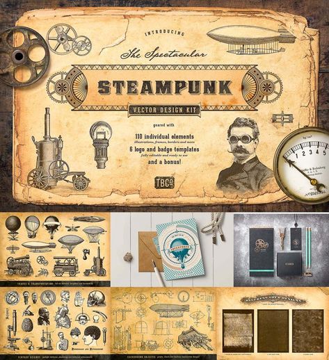 The Spectacular Steampunk Vector Design Kit is a comprehensive collection of retro vector illustrations and comes with more than 110 individual elements on Steampunk Website Design, Steampunk Graphic Design, Retro Layout Design, Steampunk Vector, Steampunk Icons, Victorian Elements, Vintage Website Design, Vintage Layout, Steampunk Elements