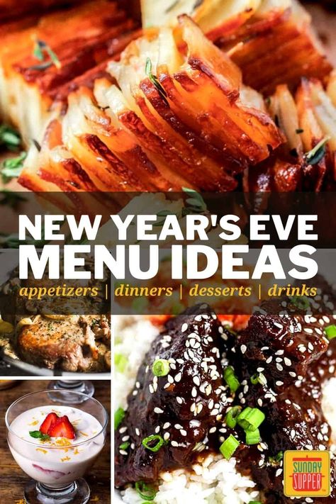 Ring in the new year with my collection of the best New Year's Eve Menu Ideas! From appetizers and dinner to drinks and dessert, these recipes are everything you need to throw an unforgettable party for New Year's Eve. via @thesundaysupper New Years Eve Menu Ideas, Nye Party Food, New Years Day Dinner, Nye Food, New Years Dinner Party, New Years Eve Menu, New Year's Eve Dinner, New Years Eve Party Ideas Food, Nye Dinner