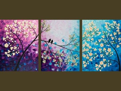 acrylic painting on gallery wrapped canvas in 3 parts. Three Canvas Painting, Multiple Canvas Paintings, Paintings Of Birds, 수채화 그림, Futurism, Diy Canvas, Tree Art, Tree Painting, Sims 3