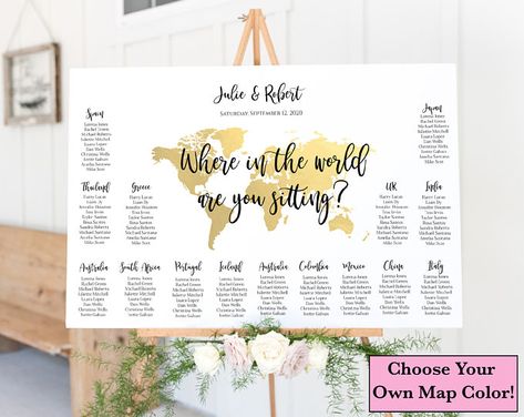 Welcome Signs Seating Charts Menus Party Decor by NoeCreates Gold World Map, Map Wedding, Diy Seating, Destination Wedding Decor, Seating Sign, Travel Theme Wedding, Seating Chart Template, Chart Template, Wedding Table Plan