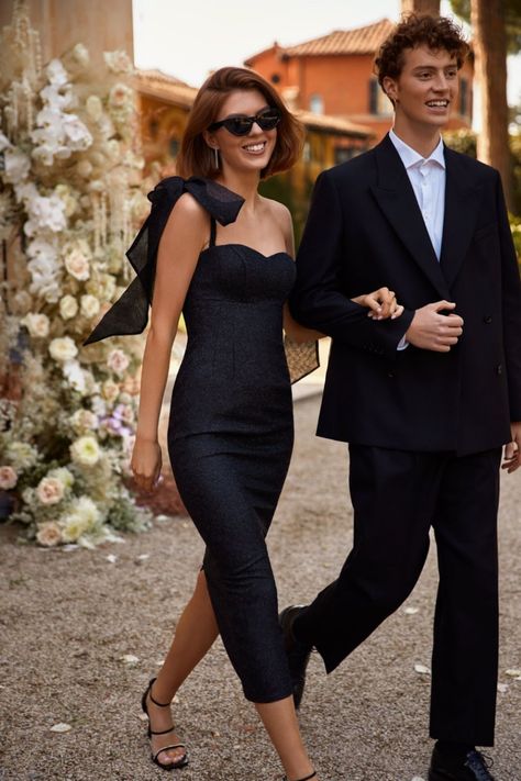 10 Reasons Why You Should Let Your Guests Wear Black to Your Wedding Black Wedding Guest Outfits, Formal Wedding Guest Attire, Milla Dresses, Black Tie Event Dresses, Cocktail Dress Code, Bow Sleeves, Midi Evening Dress, Party Dress Codes, Formal Wedding Attire