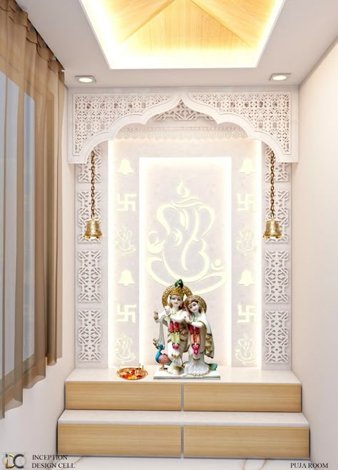 Pooja Room Design Simple, Pooja Room Ceiling Design Modern, Puja Room Design Indian Modern, Pooja Room Ideas Indian Modern, Pooja Area, Jain Mandir, Interior Design Guidelines, Hall Room Design, Pooja Unit