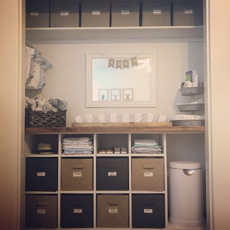 Storage Cube Changing Table, Nursery Closet Built In Changing Table, Changing Table In Closet, Burlap Garland Diy, Diy Built In Storage, Nappy Changing Station, Built In Cubby, Chiro Office, Diy Changing Table