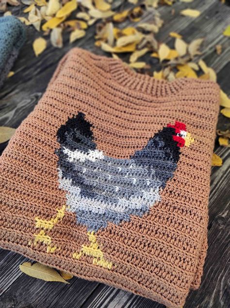 Hen Sweater | VETKA Chicken Sweater Pattern, Crochet Chicken Sweater Free Pattern, Tapestry Crochet Jumper, Crochet Chicken Clothes, Fun Crochet Sweater, Crochet Chicken Granny Square, Tapestry Crochet Hat, Farm Crochet Patterns, Adult Crochet Patterns