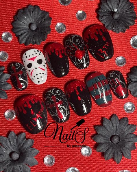 Not a horror movie fan but these sure were fun to make! The best part; she LOVES them!!! What does your nails look like? #nailsbyamanda922 #madamglam #freshset #horrornails #jasonvsfreddy Slasher Movie Nails, Insidious Nails, Jason Vs Freddy, Horror Movie Nails, Movie Nails, Nail Portfolio, Horror Nails, Cartoon Nails, Holloween Nails