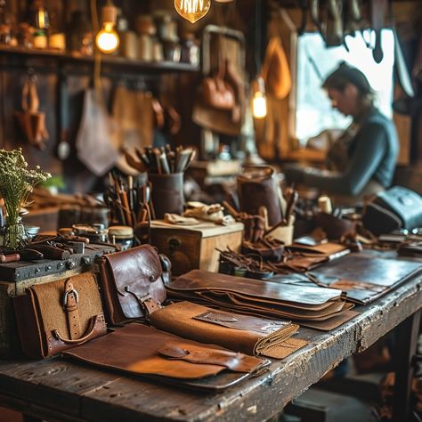 Artisan Leather Workshop: An artisan leather craftsman diligently works in a cozy, vintage workshop filled with handcrafted goods. #artisanship #leather #workshop #craftsmanship #handcrafted #aiart #aiphoto #stockcake ⬇️ Download and 📝 Prompt 👉 https://stockcake.com/i/artisan-leather-workshop_110955_5120 Leatherwork Aesthetic, High Tech Fashion, Vintage Workshop, Music Tree, Bullet Journal Ideas Templates, Leather Factory, Coffee Flower, Leather Craftsmen, Leather Workshop