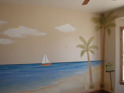 Beach scene wall mural idea Beach Wall Murals Painted Diy, Beachy Wall Murals Painted, Beach Theme Mural, Mural Beach Ideas, Beach Mural Painted Wall, Surfer Wall Mural, Tropical Beach Mural Painting, Wall Murals Painted Diy, Beach Wall Murals