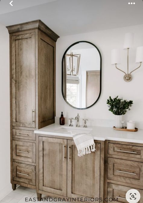 Natural Wood Vanity, Kid Friendly Home, Decorate House, Gray Interiors, Wood Bathroom Cabinets, Shaker Village, Bathroom Plans, Cabin Bathrooms, Wood Bathroom Vanity