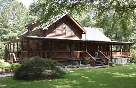 1998 Georgia Log Home For Sale W/Garage on 5 Acres $425,000 - Country Life Dreams Log Homes For Sale, Georgia Cabins, Life Dreams, Wrap Around Porch, Log Home, Koi Pond, Large Bedroom, Outdoor Fire, Stone Fireplace