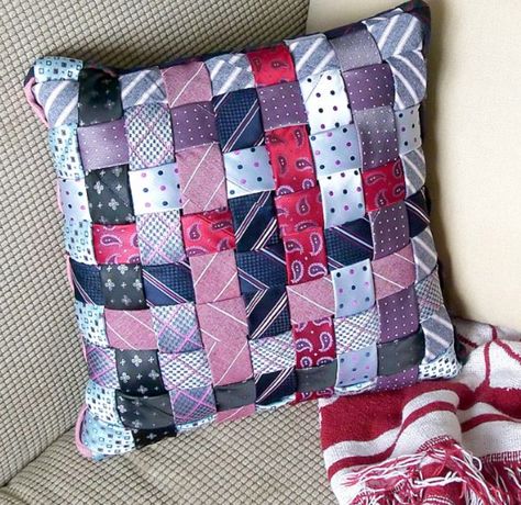 Sewing Projects Using Mens Ties, What Can You Make Out Of Mens Ties, Tie Pillows How To Make, Necktie Pillows Old Ties, Necktie Memory Projects, Necktie Pillow, Old Neck Ties, Necktie Projects, Tie Projects