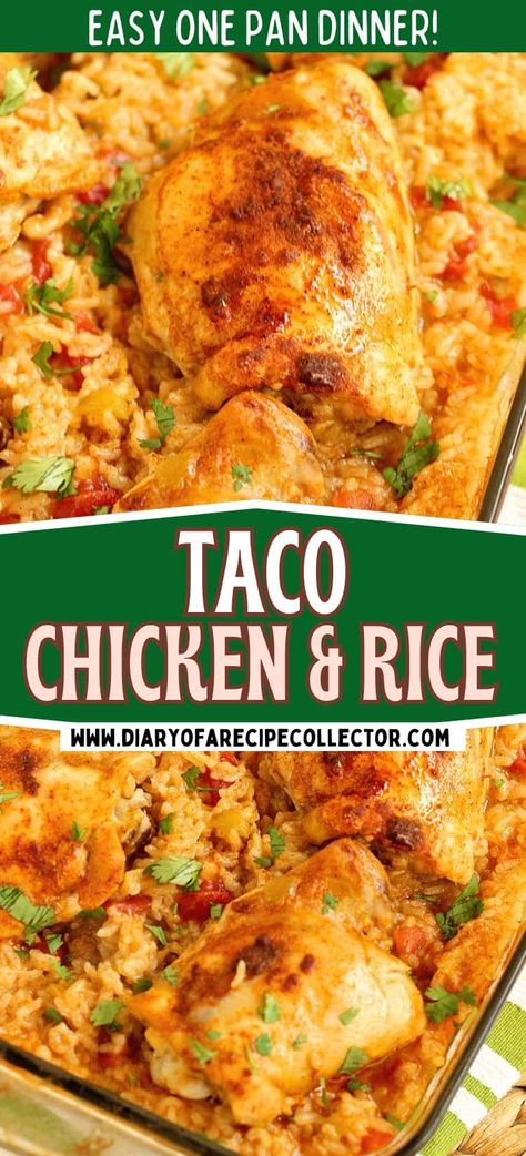 Taco Chicken and Rice is an easy one pan dinner idea with only a few ingredients. It's easy to put together and smells wonderful as it bakes! Taco Chicken And Rice Casserole, Mexican Chicken And Rice Bake, Mexican Chicken With Rice, Taco Chicken Rice, Taco Chicken And Rice, Easy Mexican Chicken And Rice, Chicken Taco Rice, Fiesta Chicken And Rice, One Pan Chicken And Rice