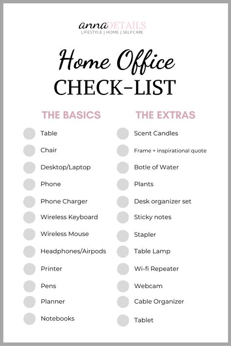 If you are currently working from home, and in the middle of a project for a new workspace, this checklist will help you with this!  This list includes all the essential supplies you will need as well as some additional ones. #workfromhome #homeoffice #homeofficechecklist #checklist New Office Checklist, Office Essentials Checklist, Home Office Essentials List, Home Office Checklist, Work From Home Set Up, Office Checklist, Email Organization, Desk Cleaning, Organization Checklist