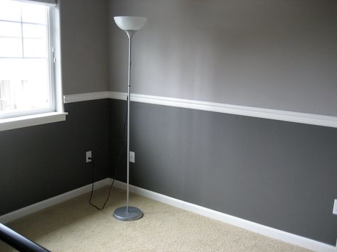 Walls in two shades of gray, with white chair rail, window trim, and shoe molding. Two Tone Walls, Gray Walls, Room Deco, Room Color, Chair Rail, White Chair, Bedroom Paint, Remodel Bedroom, Living Room Paint