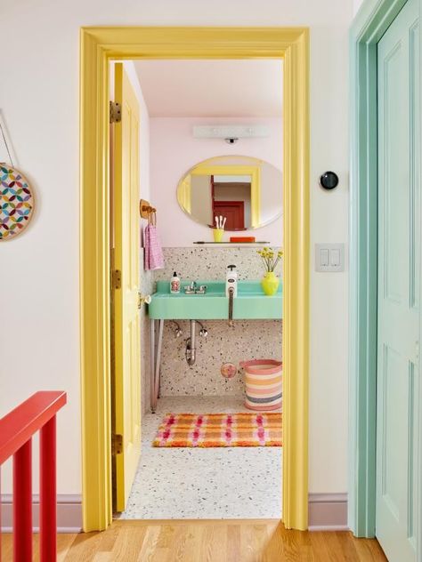 Fun Door Colors Interior, Ombre Door Paint, Bathroom Hand Painted Walls, Door And Door Frame Color, Paint Door And Trim Same Color, Fun Interior Door Paint Ideas, Fun Trim Colors, Eclectic Open Floor Plan, Painting Around Door Frame