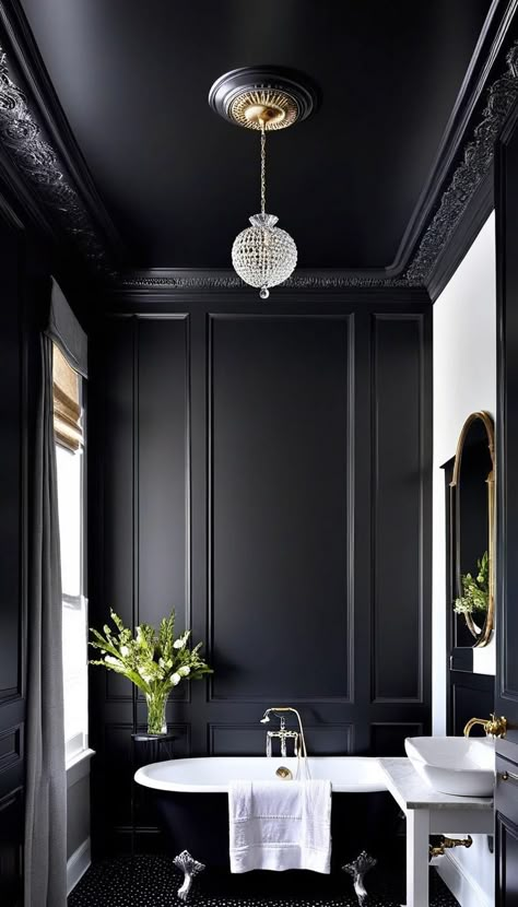 Black Elegant Bathroom, Dark Painted Ceilings Bathroom, Small Dark Bathroom Design, Bathroom Black Accent Wall, Black Ceiling Bathroom, Dark Grey Bathroom Ideas, Dark Small Bathroom Ideas, Dark Master Bath, Grey And Black Bathroom