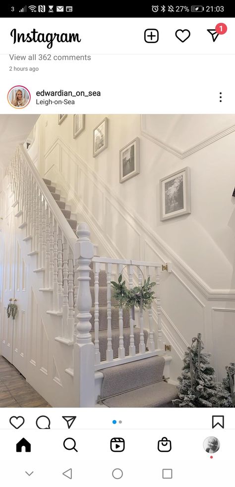 Wallpaper Hall Stairs And Landing, Stair Panelling With Bannister, Modern Dado Rail Ideas, Hallway Panelling With Handrail, Stairway Panelling, Stairs Panelling With Hand Rail, Dado Rail Up The Stairs, Hallway Dado Rail, Panelled Hallway Stairs