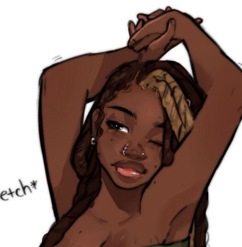 Poc Female Oc Art, Black Oc Sketch, Pretty Black Women Drawings, Poc Drawings Girl, Poc Drawings Female, Y2k Dreadheads Drawing, Black Ppl Drawing, Brown Skin Drawing, Black Skin Drawing