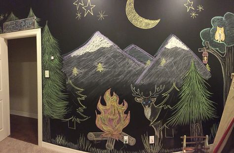 MY side walk chalk mural on a black chalkboard painted wall of a mountain side campsite! The whole shabang! Perfect for a little dude's room! Mountain Chalkboard Art, Chalkboard Pantry Doors, Chalkboard Paint Wall, Chalk Mural, Waldorf Chalkboard, Camping Room, Black Chalkboard Paint, Side Walk, Chalk Design