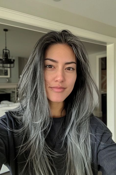 25 Examples of Transitioning to Gray Hair That'll Make You Want To Ditch the Dye - Flo's Blog Grey Highlights On Dark Hair Asian, Gray Hair Black Roots, Black Hair Turning Grey, Premature Grey Hair Styles, Black Hair To Grey Transition, Transitional Grey Hair, Ditch The Dye, Transition Grey Hair With Highlights, Styling Grey Hair