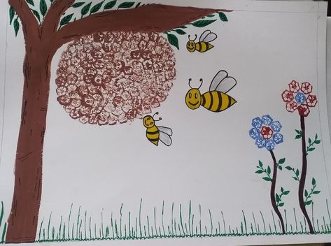 This painting of honeycomb and flowers is done by using veggie lady's finger Lady's Finger Print Art, Lady Finger Painting For Kids, Vegetable Printing Art For Kids, Lady Finger Painting, Potato Stamping Art, Lady Finger Vegetable, Vegetable Printing, Potato Stamping, Finger Printing