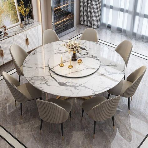 Glam Dining Chairs, Dining Room Glam, Contemporary Round Dining Table, Round Marble Dining Table, Leather Table, Table 8, Round Dining Table Sets, White Chairs, Leather Side Chair