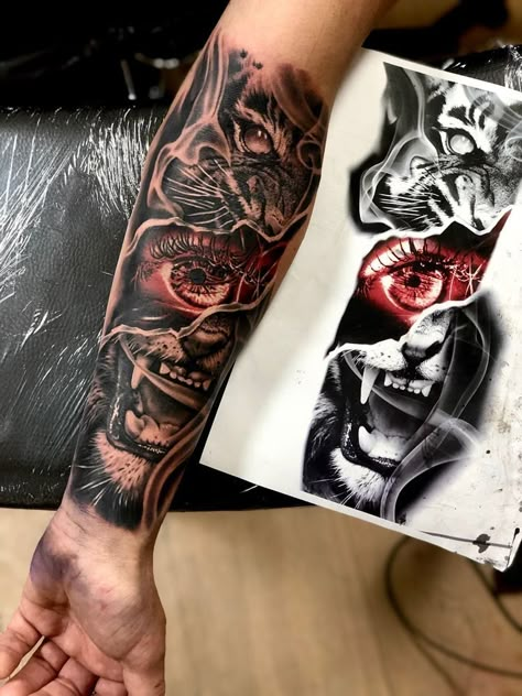 Forearm Tattoo Men Sleeve Realism, Best Tiger Tattoos Men, Realism Calf Tattoo, Colored Half Sleeve Tattoo Men, Realism Half Sleeve Tattoo, Forearm Tattoo Men Sleeve Design, Tiger Tattoo Design Men Leg, Mens Realism Tattoo, Tiger Arm Tattoo Men