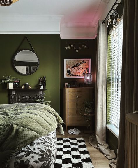 Green Bedroom Maximalist, Dark Olive Bedroom, Green Walls Black Trim, All Green Bedroom, Dark Painted Bedrooms, Green Wall Bedroom Aesthetic, Dark Kids Room, Olive Green Bedroom Color Scheme, Olive Green Bedroom Ideas