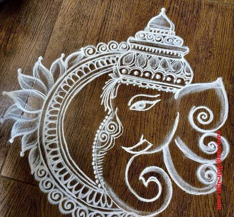 50 Ganesh Rangoli Designs (Rangoli Ideas) - October 2019 Ganesh Rangoli Design, Alpana Designs, Ganesh Drawing, Diwali Inspiration, Aipan Art, Ganpati Drawing, Ganesh Rangoli, Designs Rangoli, Very Easy Rangoli Designs