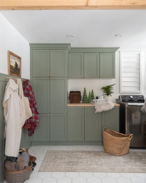 Sherwin Williams Evergreen Fog, Evergreen Fog, Laundry Room Ideas Small Space, Green Laundry, Cape Cod Home, Kitchen Plan, Mdf Cabinets, Entryway Table Decor, Sherwin Williams Colors