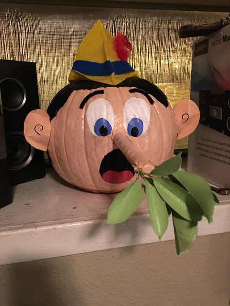 Pinocchio pumpkin by me Pinocchio Pumpkin, Disney Pumpkin Painting, Halloween Pumpkin Crafts, Creative Pumpkin Painting, Creative Pumpkin Decorating, Character Pumpkins, Pumpkin Carving Contest, Pumpkin Books, Pumpkin Decorating Contest