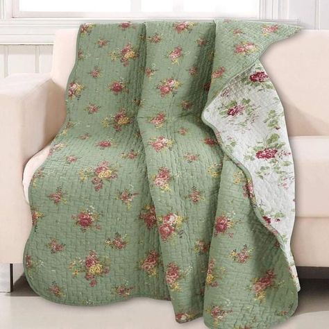 Cozy Line Home Fashions Vintage Floral Rose Green Chintz Sage Pink Yellow Scalloped Cotton Throw Blanket (Set of 1)-BB20180203TH - The Home Depot Quilted Throw, Quilted Throw Blanket, Cotton Throw Blanket, Cotton Throw, Reversible Quilt, Cotton Throws, Blanket Set, Quilt Sets, Throw Quilt