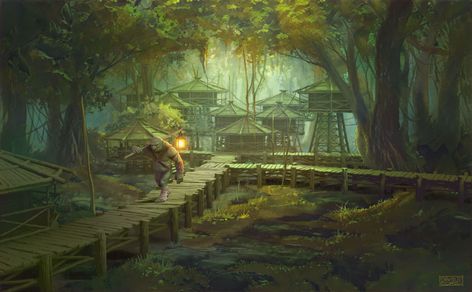 ArtStation - Swamp village, Davide Corsi Dnd Swamp Village, Swamp Fantasy Village, Swamp Village Concept Art, Swamp Town Concept Art, Fantasy Swamp City, Swamp Village Fantasy Art, Swamp Monster Art, Swamp Concept Art, Swamp Castle