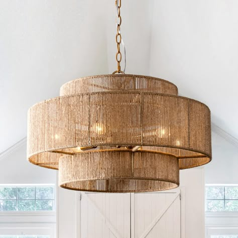 Bohemian Brown Hemp Rope Tiered Drum Chandelier Light - 23.62 "W x 15.16"H - Bed Bath & Beyond - 40180364 Rattan Chandelier, Tier Chandelier, Farmhouse Chandelier, Drum Chandelier, Hemp Rope, Gold Chandelier, Jute Rope, Lighting Store, Led Chandelier