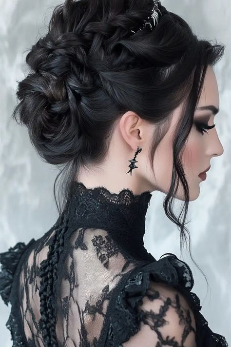 Woman with intricate braided updo and black lace dress, facing sideways. Vampire Hairstyles For Women, Masquerade Hairstyles, Vampire Hairstyles, Tail Hairstyles, Vampire Hair, Dark Romantic Wedding, Witch Hair, Halloween Hairstyles, Gothic Hairstyles