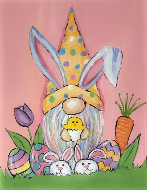 Beginners Acrylic Painting, Gnome Wallpaper, Gnome Paint, Easter Canvas, Easter Paintings, Gnome Pictures, Easter Gnome, Spring Easter Crafts, Holiday Painting