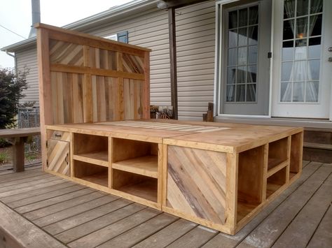 Platform storage bed with recycled barn wood inlays Bed Frame Diy With Storage, Wooden Bed Frame With Storage, Homemade Bed Frame Wood, Diy Wooden Bed Frame, Rustic Bed With Storage, Bedframes With Storage, Bed Frame Diy, Platform Bed Country, Rustic Wood Bed Frame Storage