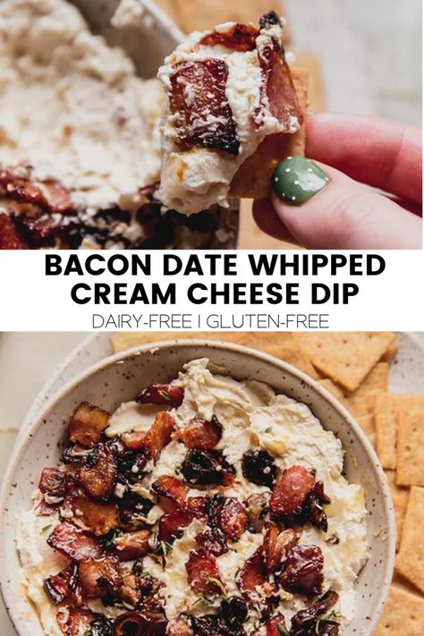 Bacon Date Whipped Cream Cheese Dip (Dairy Free) - Unbound Wellness Whipped Cream Cheese Dip, Date Dip, Dip Dairy Free, Bacon Cream Cheese Dip, Bacon Dates, Dairy Free Dips, Unbound Wellness, Cream Cheese Dip, Dairy Free Cream Cheese