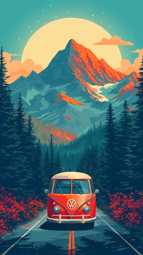 Drive Illustration, Vw Buzz, Mountain Project, Beautiful Wallpaper Images, Combi Van, Volkswagen Van, Iphone Art, 4 Wallpaper, Iphone Wallpaper Hd Nature