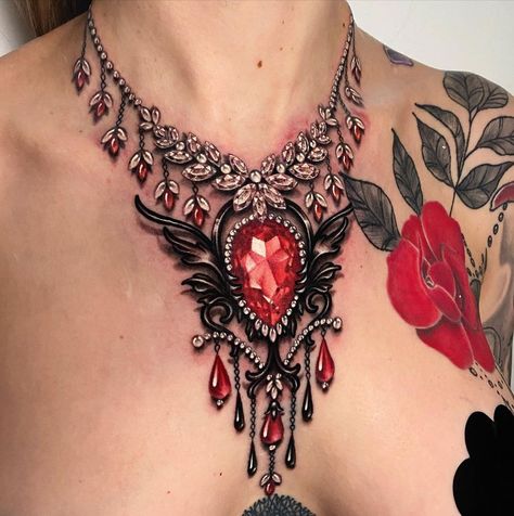 Ruby & diamond necklace by Ryan Ashley DiCristina Chest Necklace Tattoo, Jewel Chest Tattoo, Jewellery Tattoo, Jewelry Tattoo Designs, Womens Tattoos, Full Neck Tattoos, Best Neck Tattoos, Tato Dada, Gem Tattoo