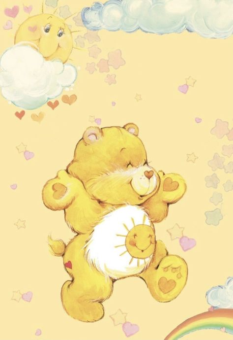 Care Bear Wallpaper, Care Bears Vintage, Funshine Bear, 1980s Childhood, Care Bears Cousins, Smiling Sun, 80s Cartoons, Bear Birthday, Bear Wallpaper