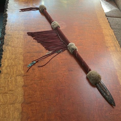 This Is An Amazing Native American Indian Artifact Hand Made 58” Spear In Suede Rabbit Fur Copper. Suede And Bead Wrapped With Rabbit Fur, Copper Accents And Beading At The Tassel. 10” Tassel. Excellent Condition. No Issues At All. Can Be Stood On Its Own Against A Wall Or Hung As You Choose. Indian Artifacts, Hiking Sticks, Copper Accents, Beaded Wraps, Rabbit Fur, Copper Color, Artifacts, Blue Brown, Nativity