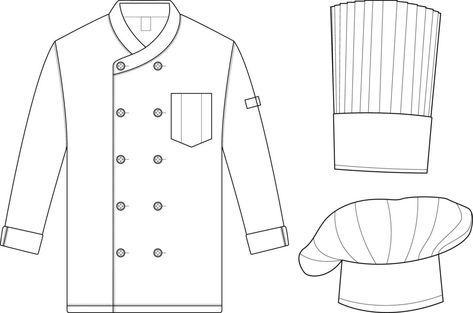 Vector line art chef uniform mockup Chef Coat Design, Uniform Drawing, Chef Dress, Waiter Uniform, Jacket Drawing, Vector Line Art, Restaurant Uniforms, Price Shoes, Types Of