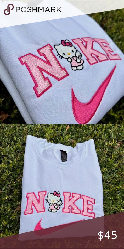 Hello Kitty x Nike Embroidered Sweatshirt Diy Nike Sweatshirt, Custom Nike Sweatshirt, Nike Embroidered Sweatshirt, Rare Hello Kitty, Amazing Embroidery, Nike Sweaters, Nike Pullover, Custom Nike, Nike Sweatshirt