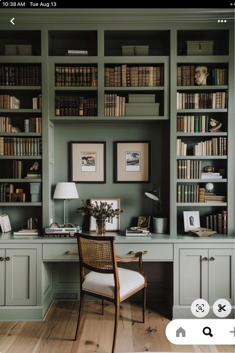 Small Office With Bookshelves, Green Built In Shelves, Desk In Bookcase, Light Green Built Ins, Green Office Bookshelves, Small Office And Library Combo, Sage Green Library Room, Home Library With Desk, Green Office Room