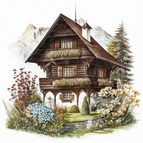 Swiss Chalet Exterior, Switzerland Illustration, Guesthouse Ideas, Chalet Exterior, Wood Deco, Alpine Chalet, Swiss Switzerland, Swiss Chalet, Wood House