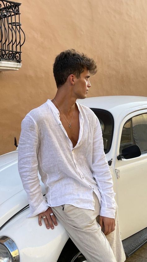 Linen Pants And Shirt Men, Men’s White Linen Shirt, White Shirt Outfit For Men Aesthetic, White Linen Outfit For Men, White Linen Shirt Men Outfit, Men’s Linen Outfit, Men White Linen Outfit, Linen Men Outfit, Mens White Linen Shirt