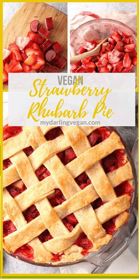 This classic Vegan Strawberry Rhubarb Pie is the perfect summertime dessert. The filling can be made in advance for a quick and easy treat the whole family will love.    #VeganPie #VeganDessert #RhubarbPie Vegan Strawberry Rhubarb, Strawberry Rhubarb Pie Filling, Rhubarb Recipes Pie, Vegan Pie Crust, Strawberry Rhubarb Pie, Tart Filling, Rhubarb Pie, Easy Treat, Vegan Pie