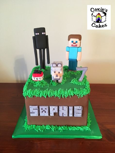 Minecraft cake with Steve, wolf and Enderman Wolf Fondant, Minecraft Wolf, Steve Wolf, Minecraft Birthday Party, 3d Cakes, Minecraft Cake, Minecraft Birthday, Character Cakes, Minecraft Party