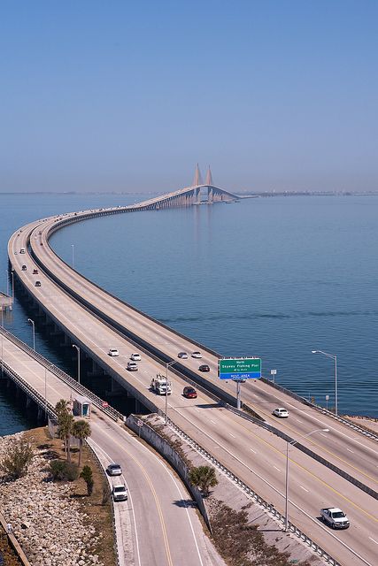 The Bob Graham Sunshine Skyway Bridge is a bridge spanning Tampa Bay, Florida, with a cable-stayed main span, and a total length of 4.1 miles. It connects St. Petersburg in Pinellas County, Florida and Terra Ceia in Manatee County, Florida, passing through Hillsborough County, Florida waters. ~s~3 Skyway Bridge, Sunshine Skyway Bridge, Tampa Bay Florida, Pier Fishing, Tampa Florida, Covered Bridges, Florida Travel, Sunshine State, A Bridge